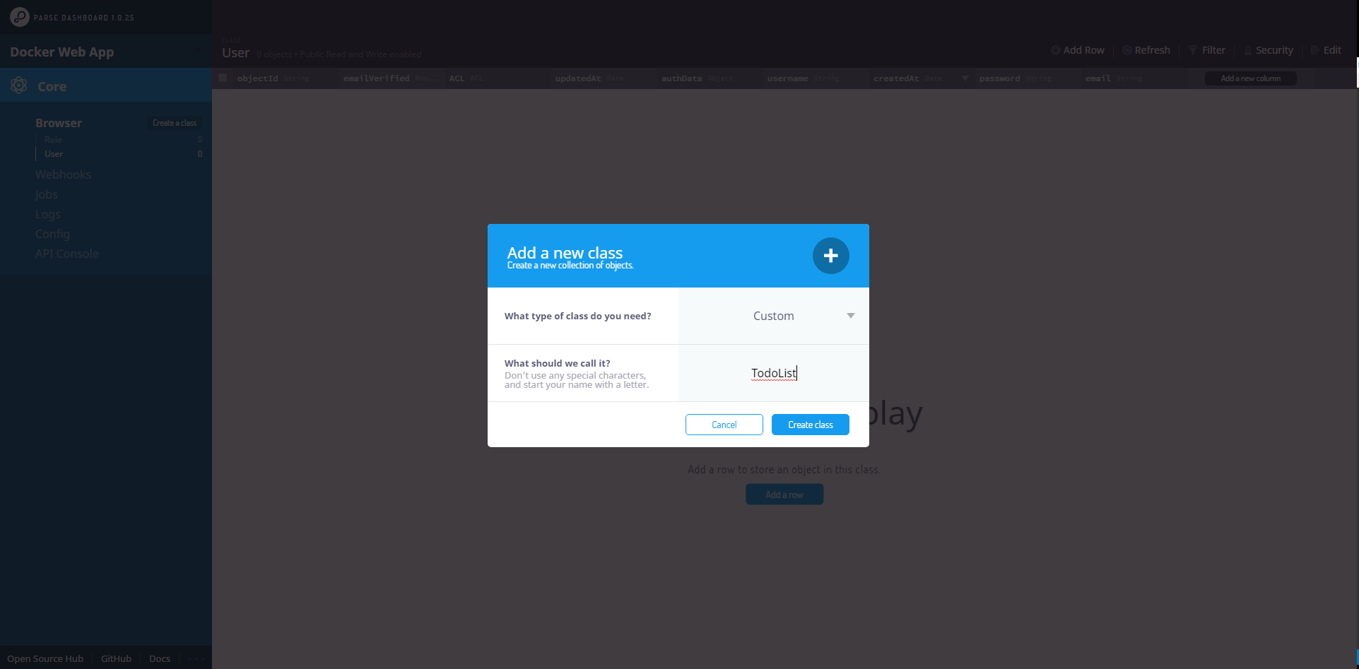 Adding a class Docker Parse Server Parse Dashboard add class