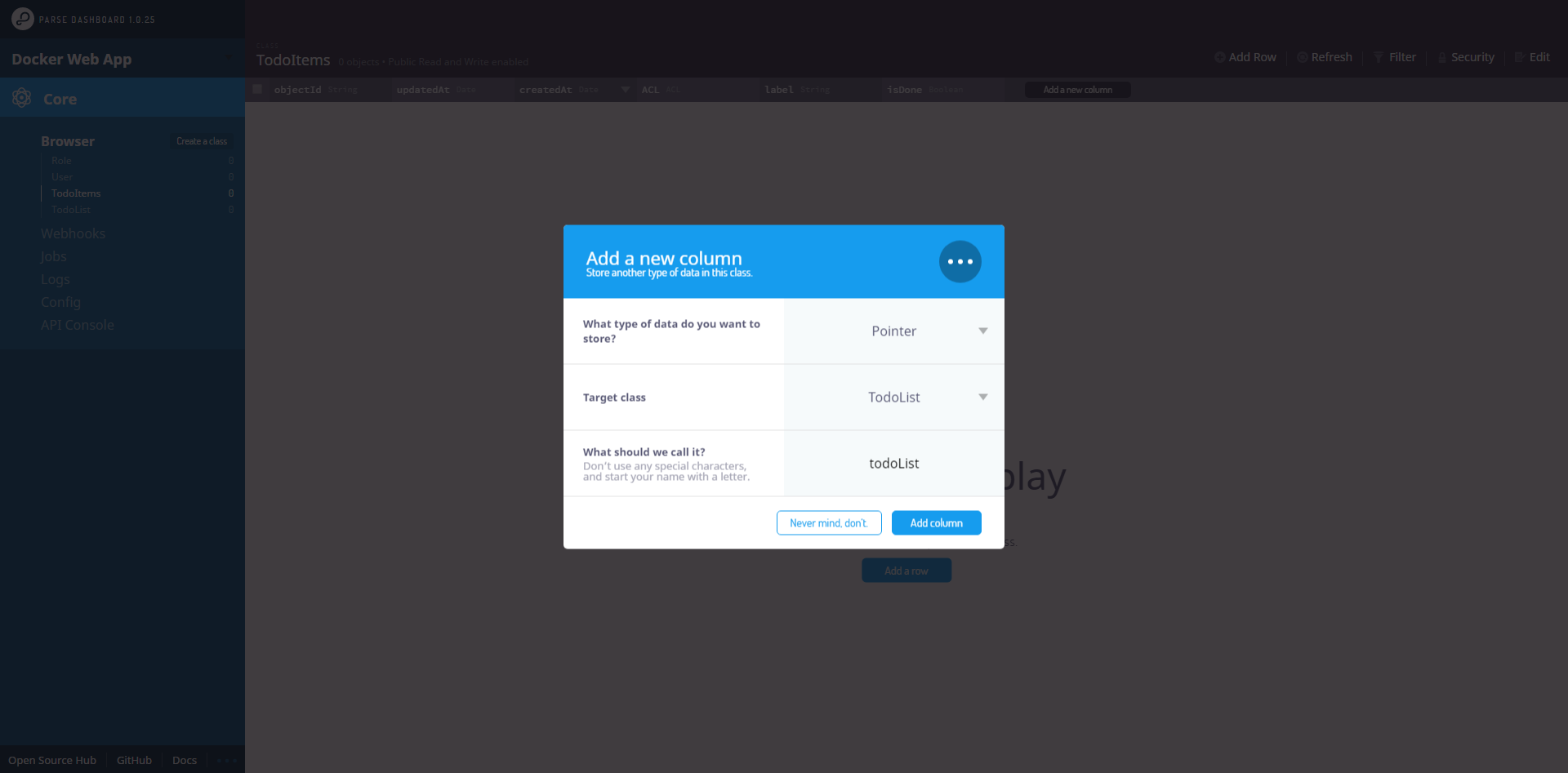 Adding a relation Docker Parse Server Parse Dashboard