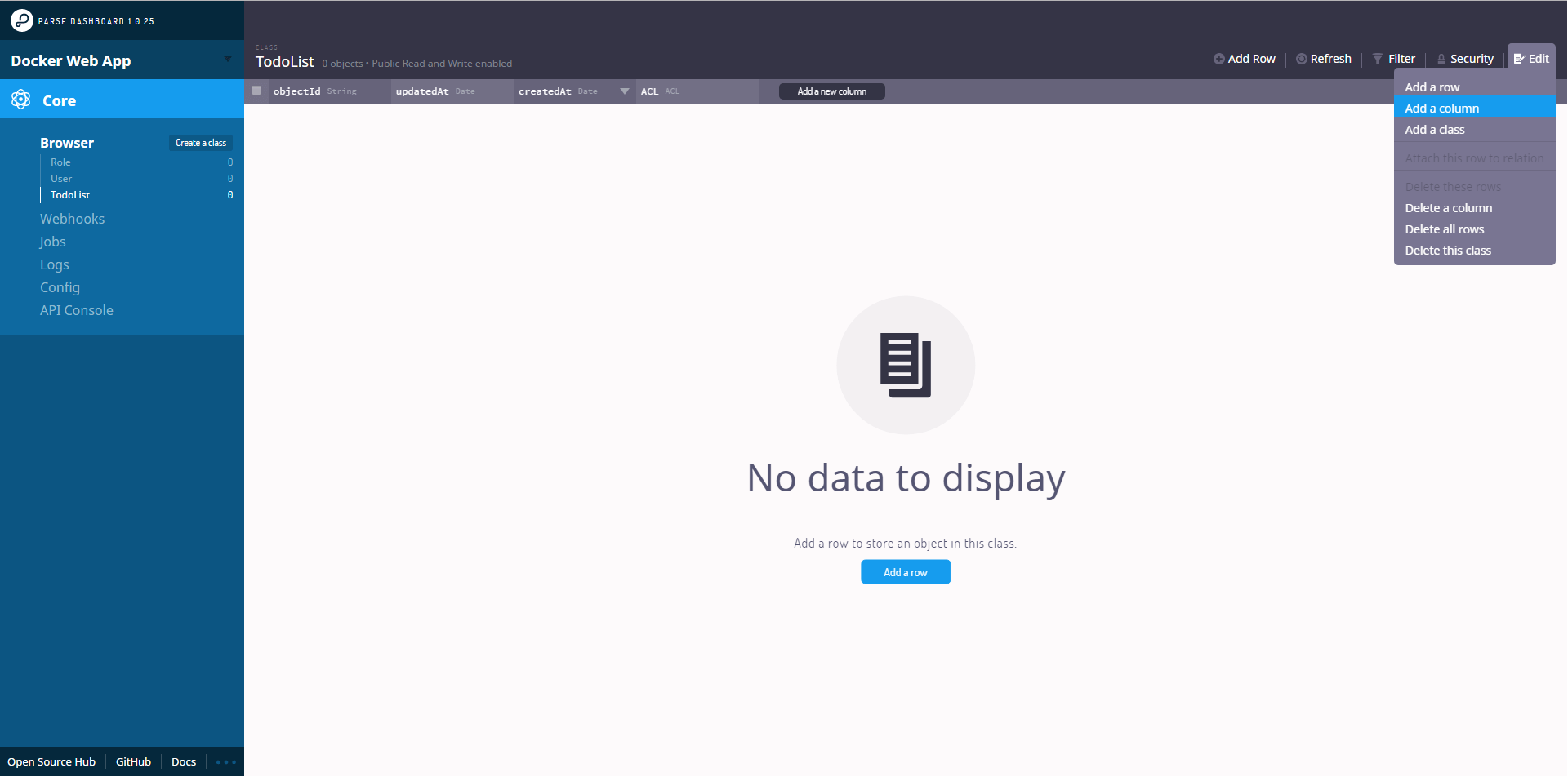 Adding a field Docker Parse Server Parse Dashboard add column