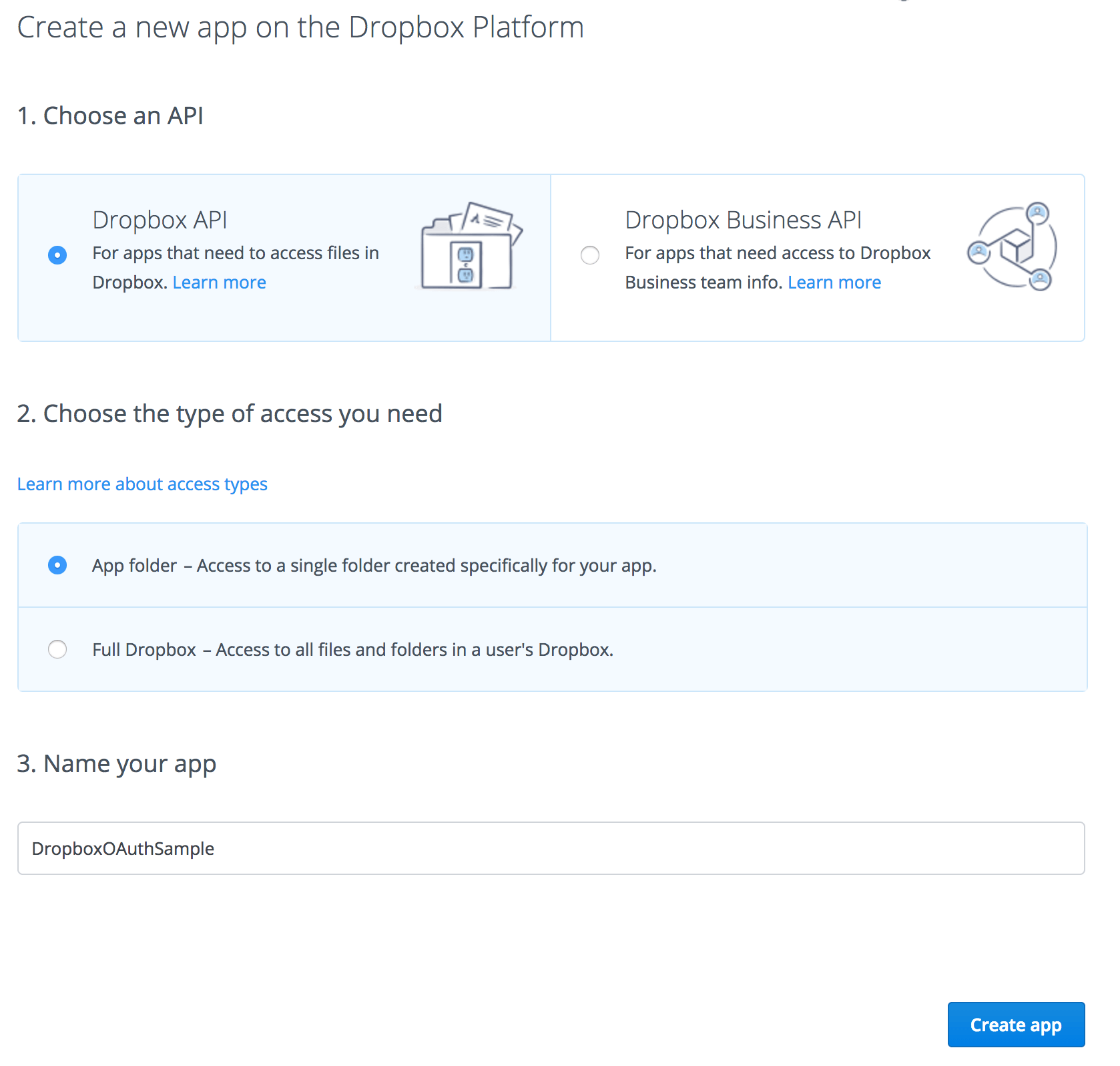 Create a Dropbox application